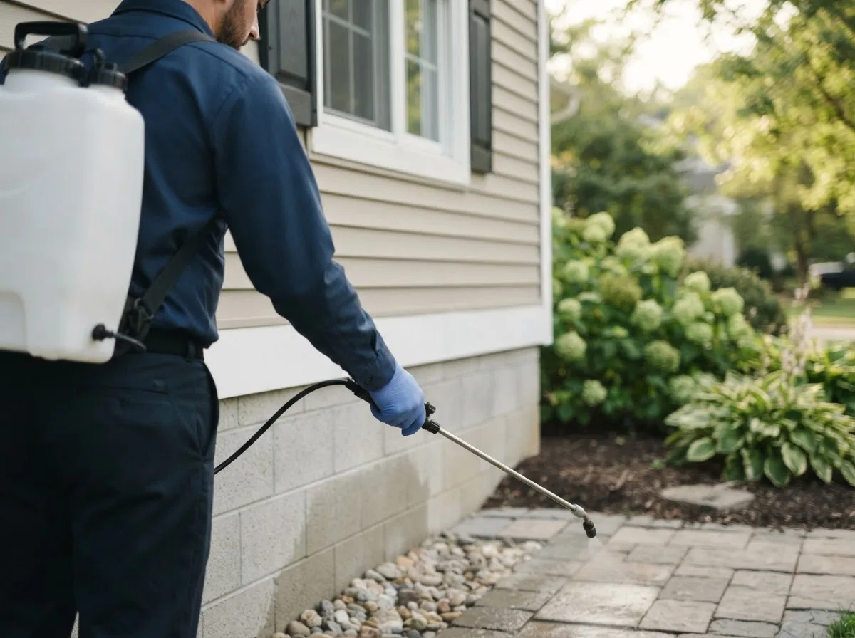 Pest control technician inspecting a home in Woodman, WI